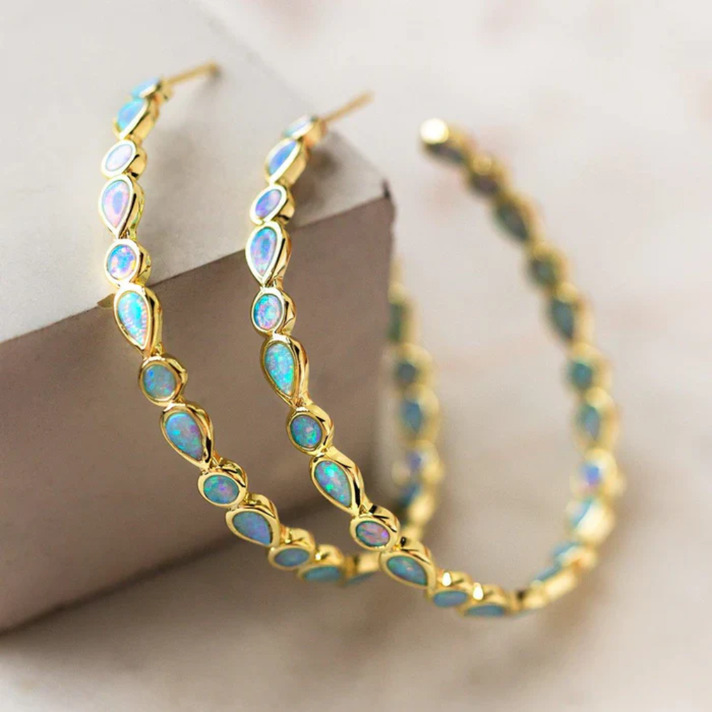 The Zella Vintage Blue Opal Golden Hoop Earrings