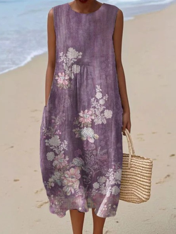 Women's Vintage Floral Art Print Sleeveless Pocket Wrap Dress