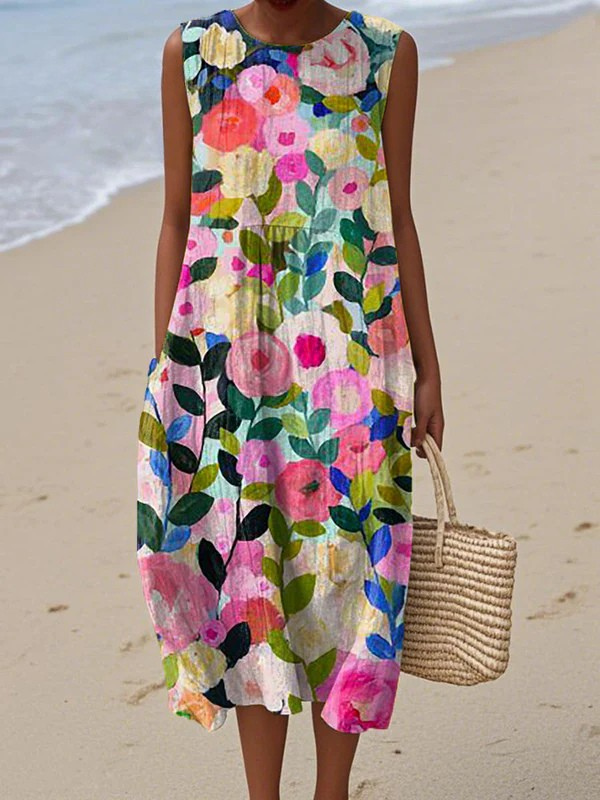 Women's Lovely Floral Pattern Art Print Sleeveless Pocket Wrap Dress