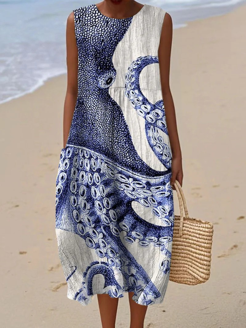 Women's Vintage Octopus Art Print Sleeveless Pocket Wrap Dress