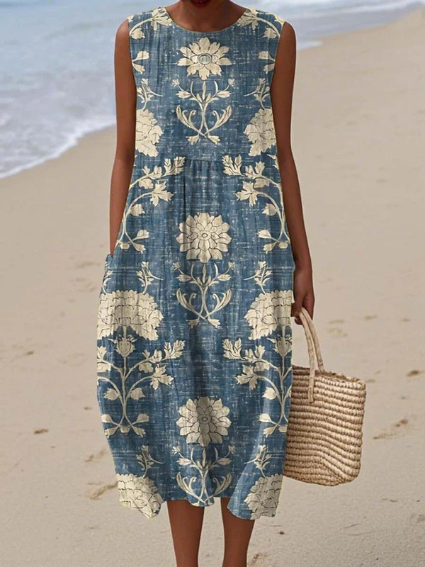 Women's Vintage Floral Pattern Art Print Sleeveless  Pocket Wrap Dress