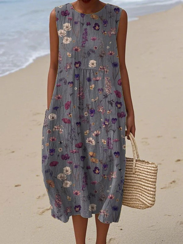 Women's Vintage Floral  Art Print Sleeveless Pocket Wrap Dress